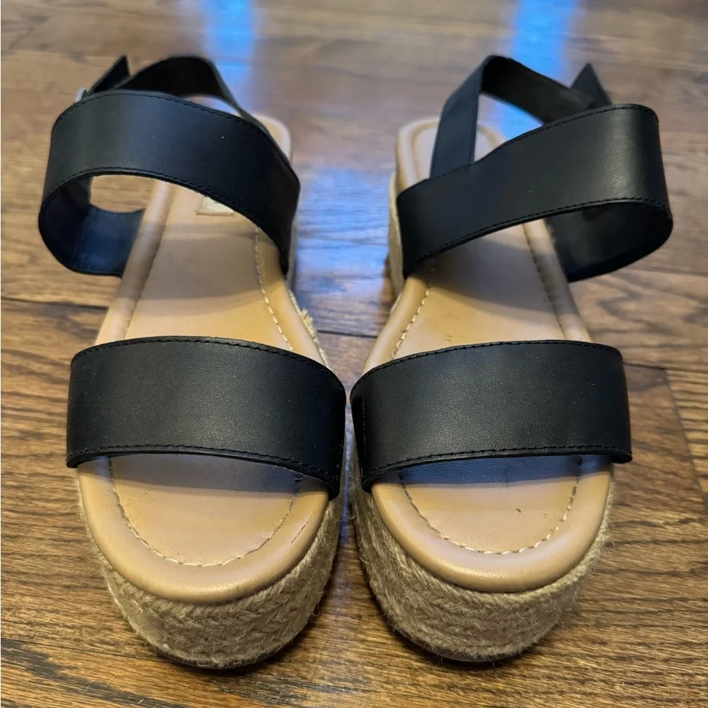 Steve Madden Fifer Espadrille Platform Sandals Black Leather Size 9